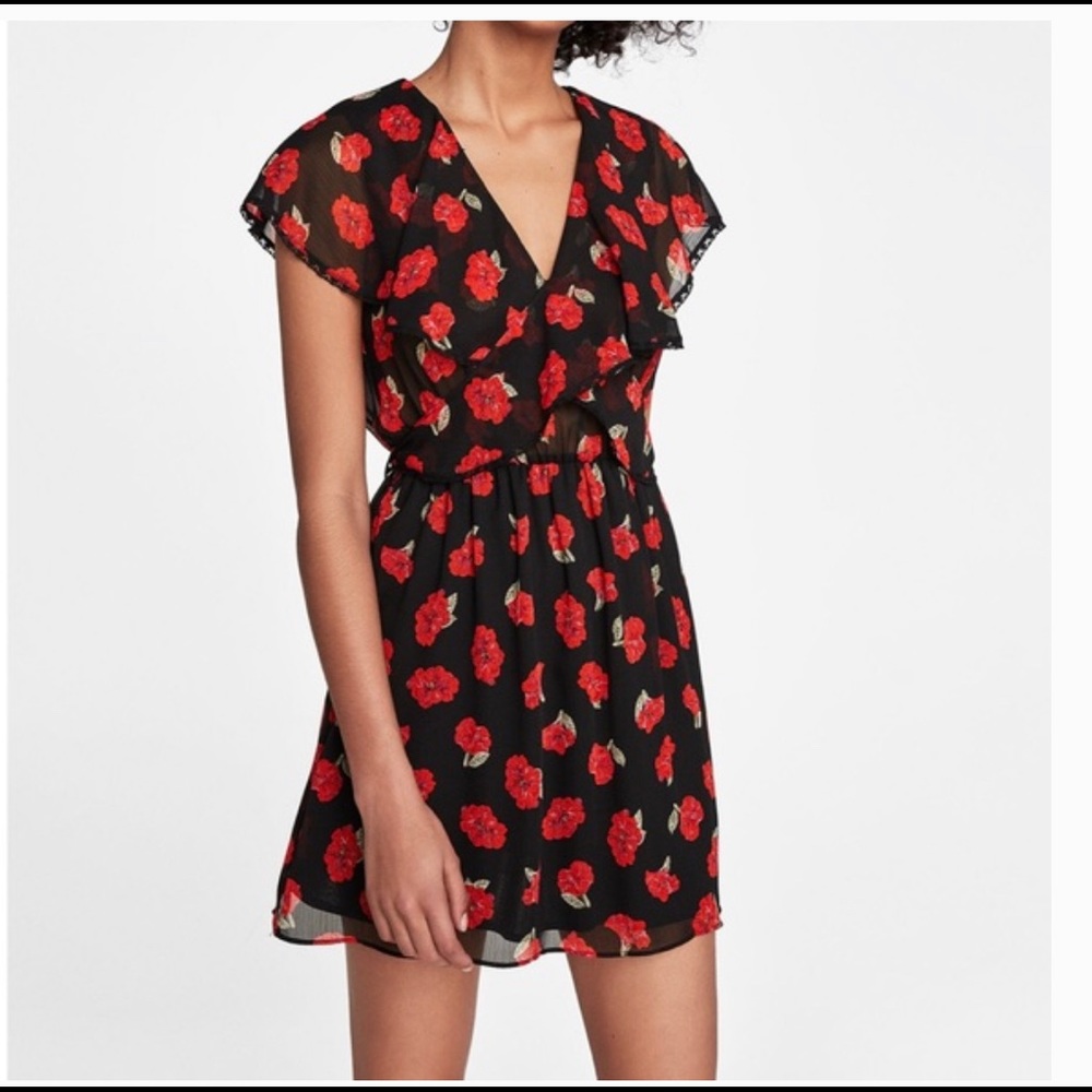 Zara Black Red Floral Print Ruffle Summer Dress